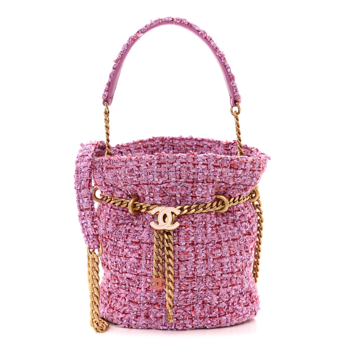 Tweed Enamel Quilted Pending CC Bucket Drawstring Bag Light Purple Pink Red