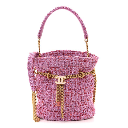 Chanel Tweed Enamel Quilted Pending CC Bucket Drawstring Bag Light Purple Pink Red 1 of 10