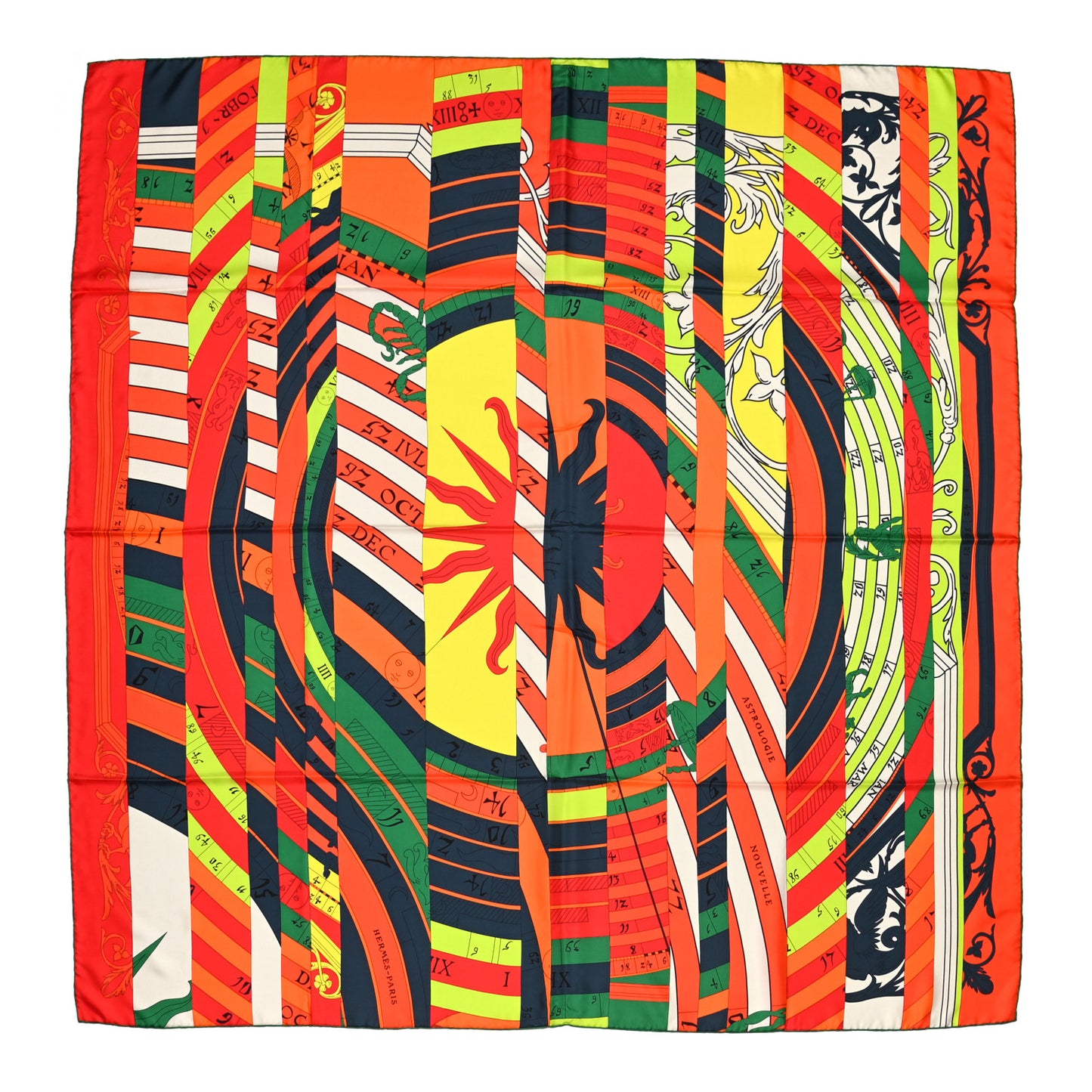 Silk Astrologie Nouvelle Scarf 140 Rouge Vert Fluo Jaune Vif