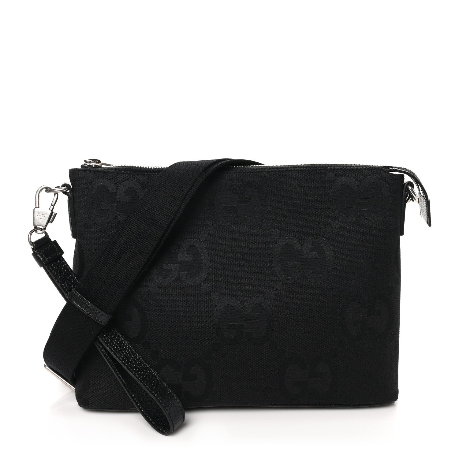 Gucci Monogram Jumbo GG Textured Dollar Calfskin Wristlet Messenger Bag Black 1 of 10