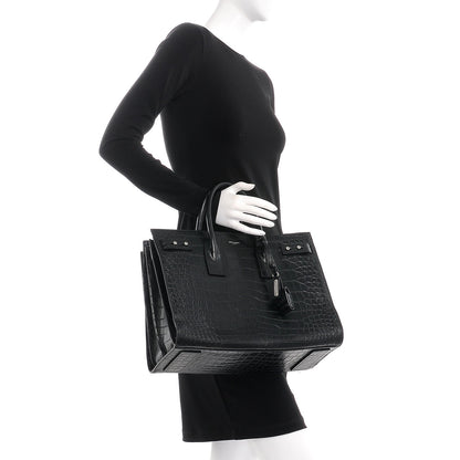 Saint Laurent Calfskin Crocodile Embossed Medium Supple Sac de Jour Black 3 of 8
