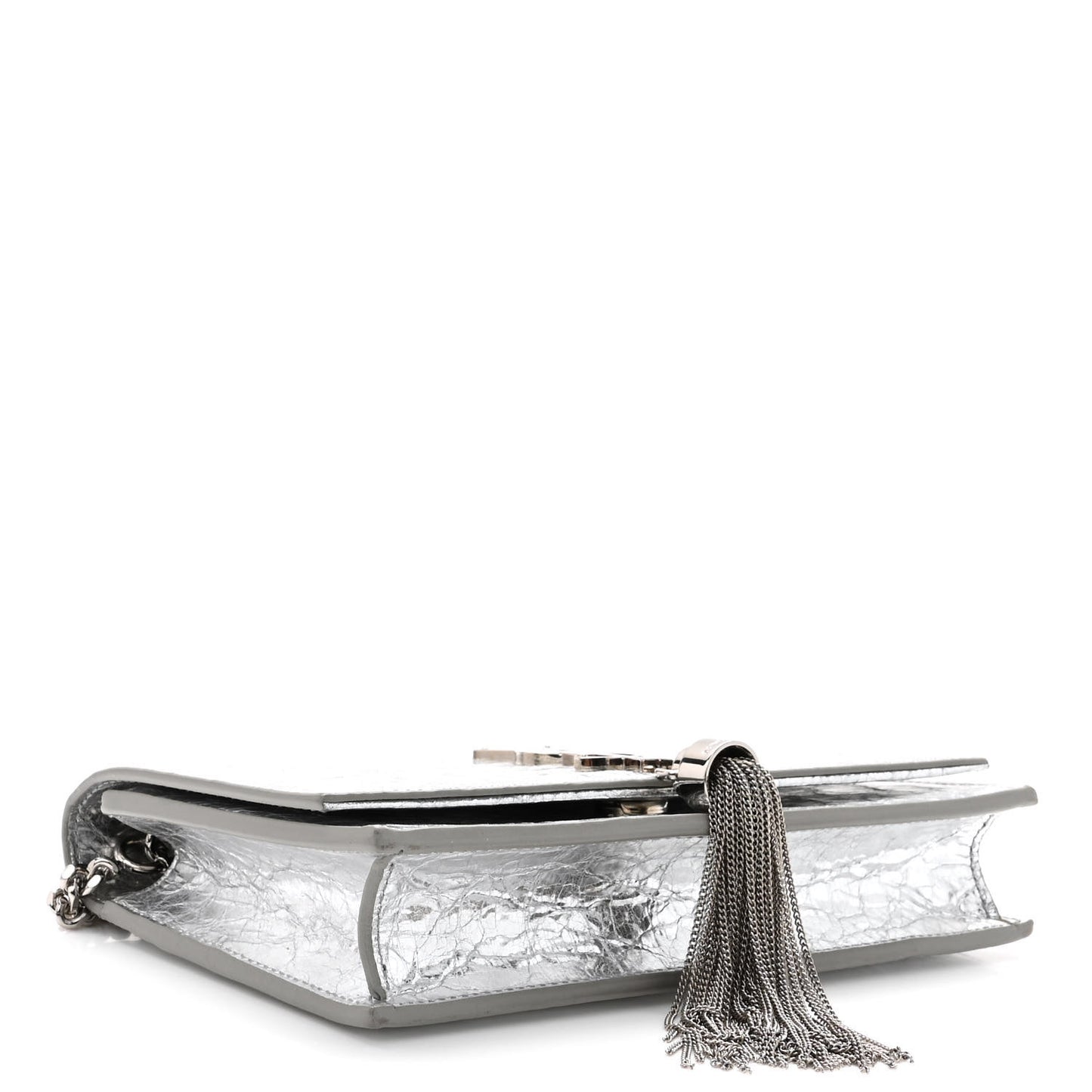 Metallic Crackled Calfskin Kate Monogram Tassel Chain Wallet Argento