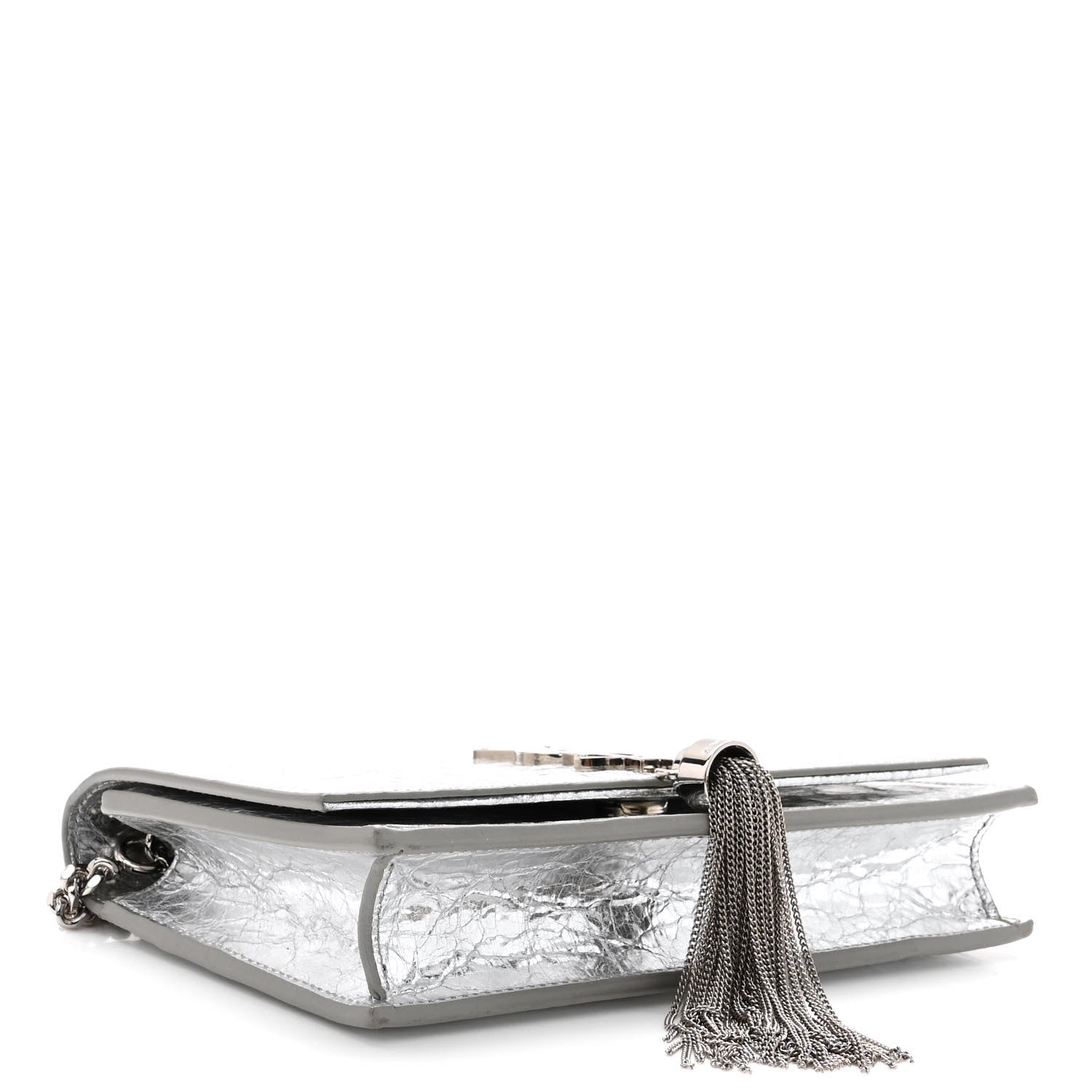 Saint Laurent Metallic Crackled Calfskin Kate Monogram Tassel Chain Wallet Argento 4 of 9