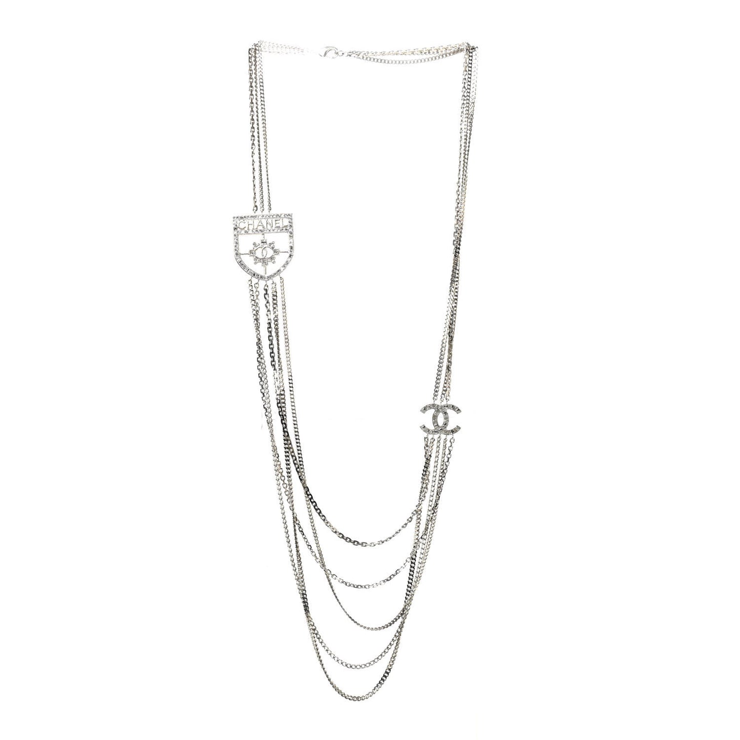Baguette Crystal CC Shield Multi Strand Long Chain Necklace Silver