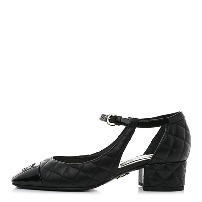Chanel Lambskin Patent Quilted Cap Toe Mary Jane Flats 37.5 Black 1 of 9