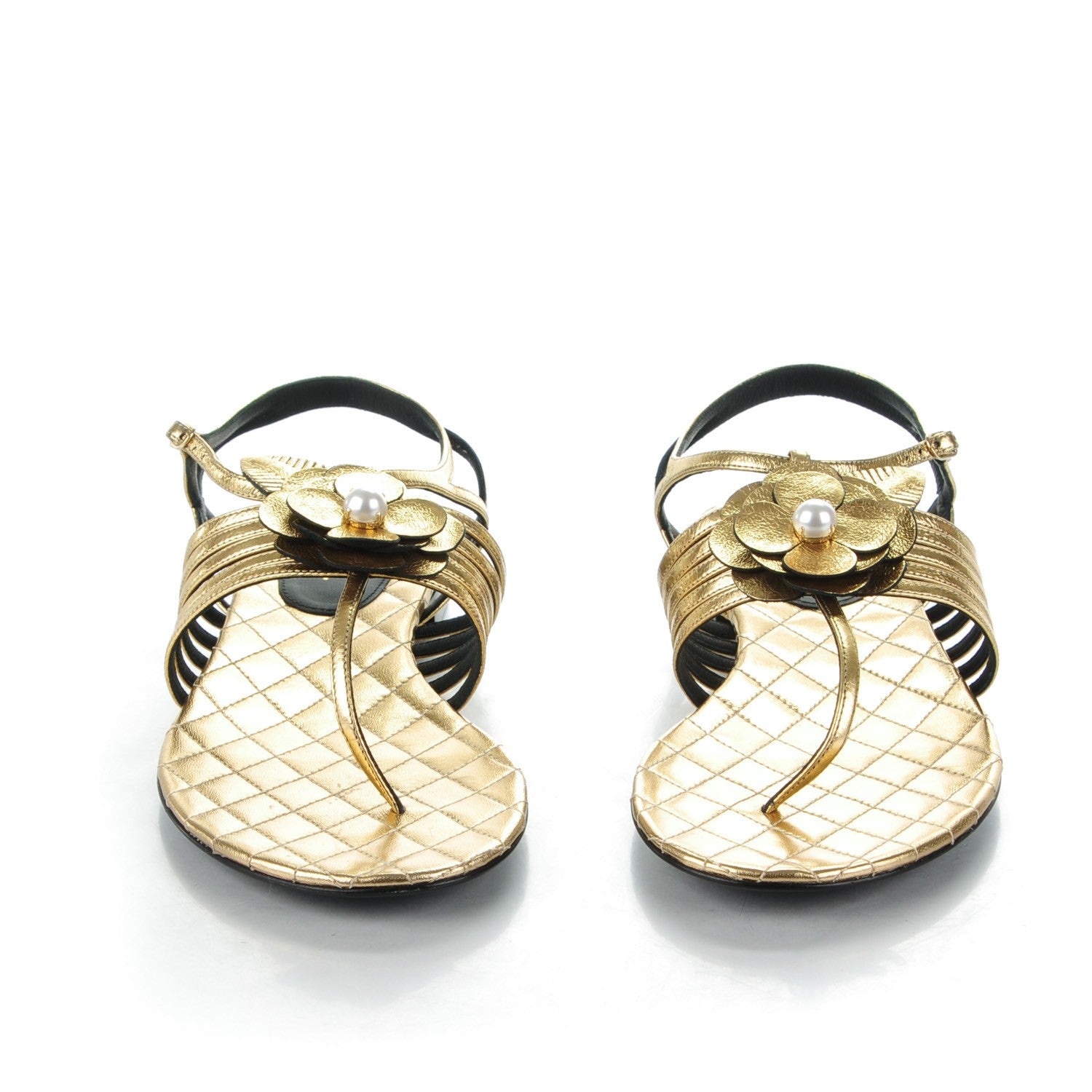 Chanel Crumpled Calfskin Camellia Pearl Thong Sandals 40 Gold 2 of 8