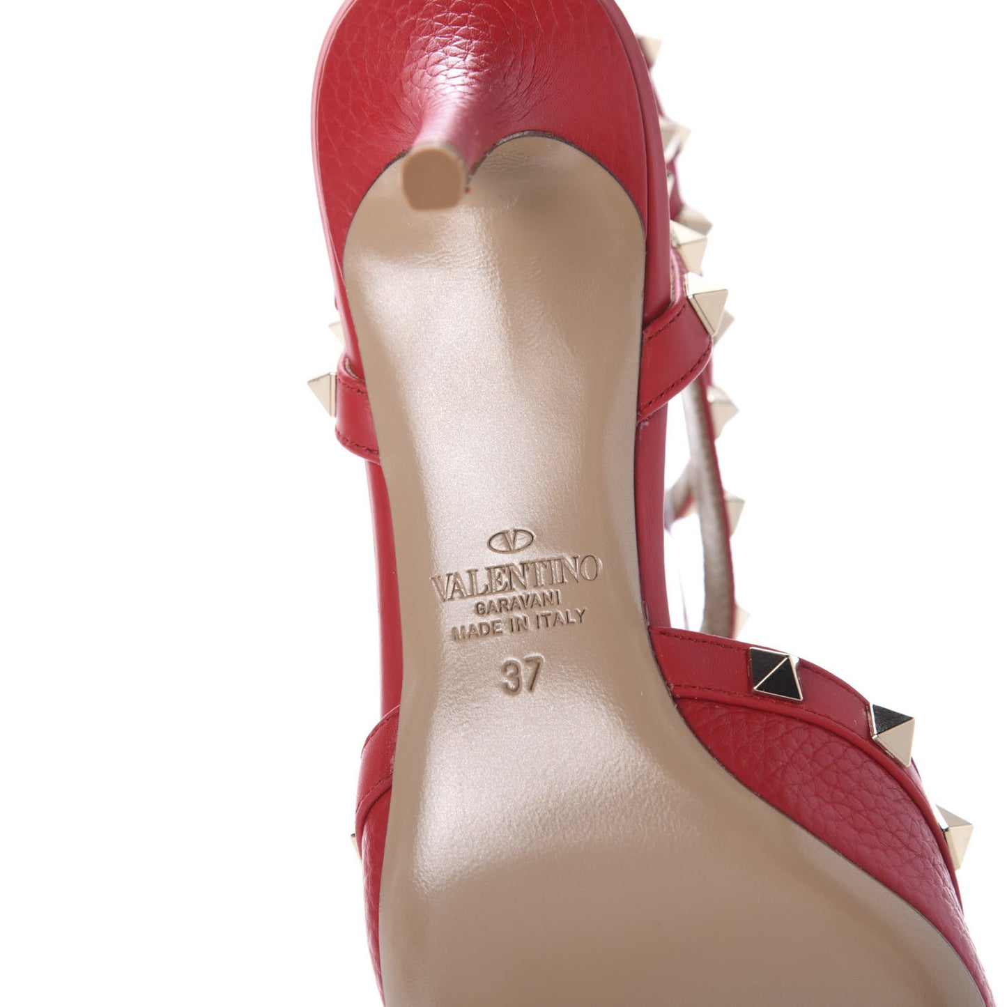 Pebbled Calfskin Rockstud Ankle Strap Low Heel Pumps 37 Rosso