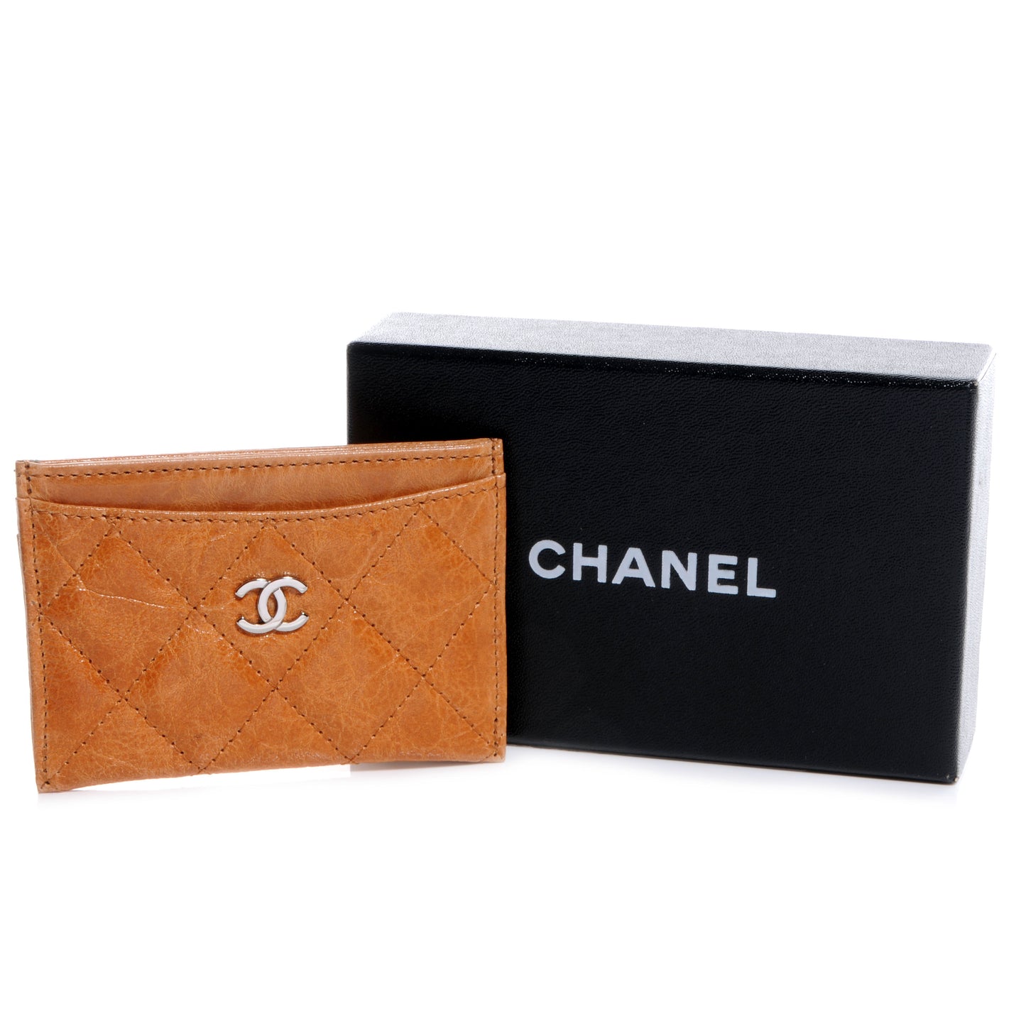 Glazed Calfskin Quilted Card Holder Light Brown