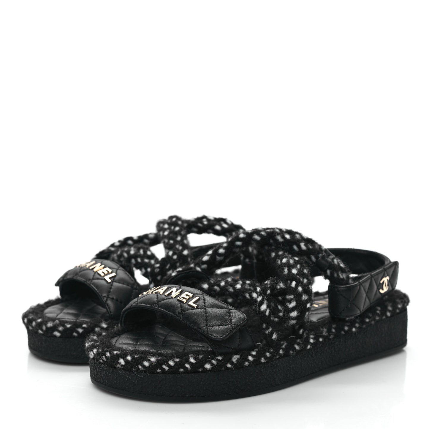 Cord Lambskin Quilted Logo Sandals 36 Black White