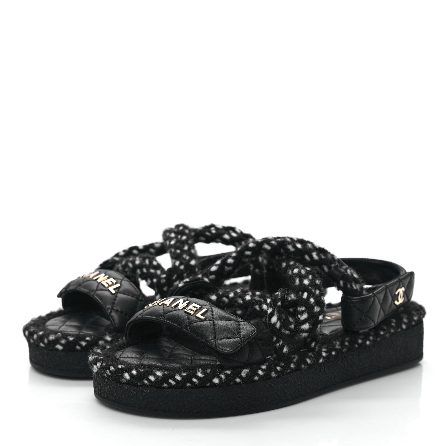 Chanel Cord Lambskin Quilted Logo Sandals 36 Black White 3 of 7