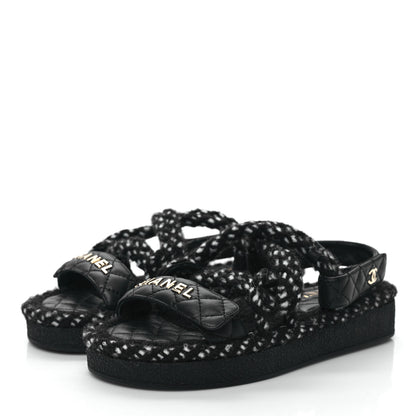 Chanel Cord Lambskin Quilted Logo Sandals 36 Black White 3 of 7
