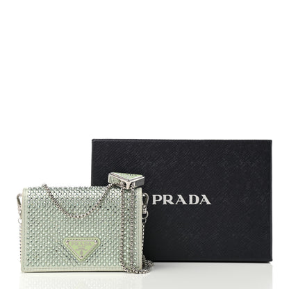 Prada Satin Crystal Metal Triangle Logo Card Holder With Strap Acqua 11 of 11