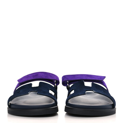 Hermes Suede Goatskin Womens Chypre Sandals 37.5 Marine Violet Majorette 2 of 9