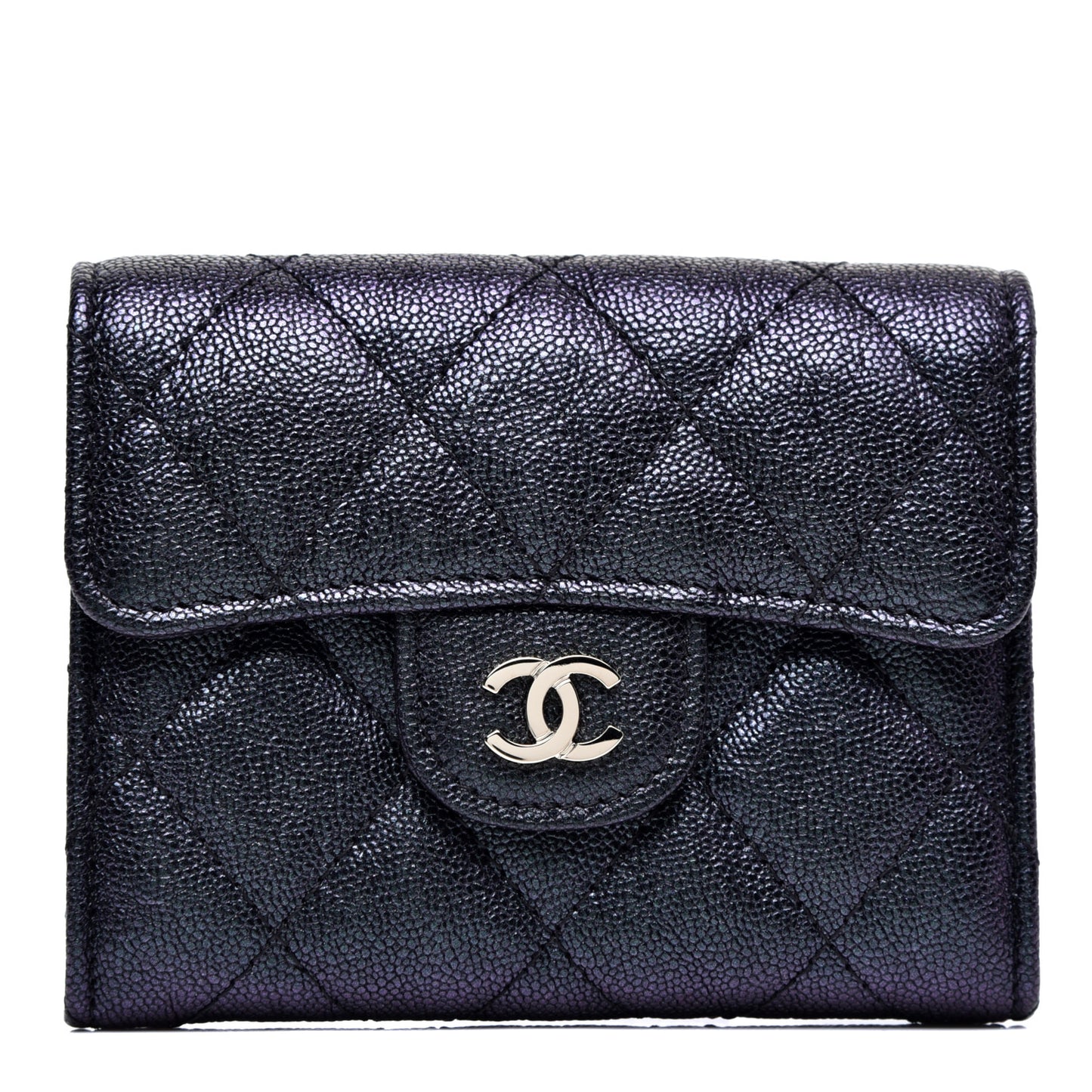 Iridescent Caviar Quilted Flap Card Holder Wallet Black