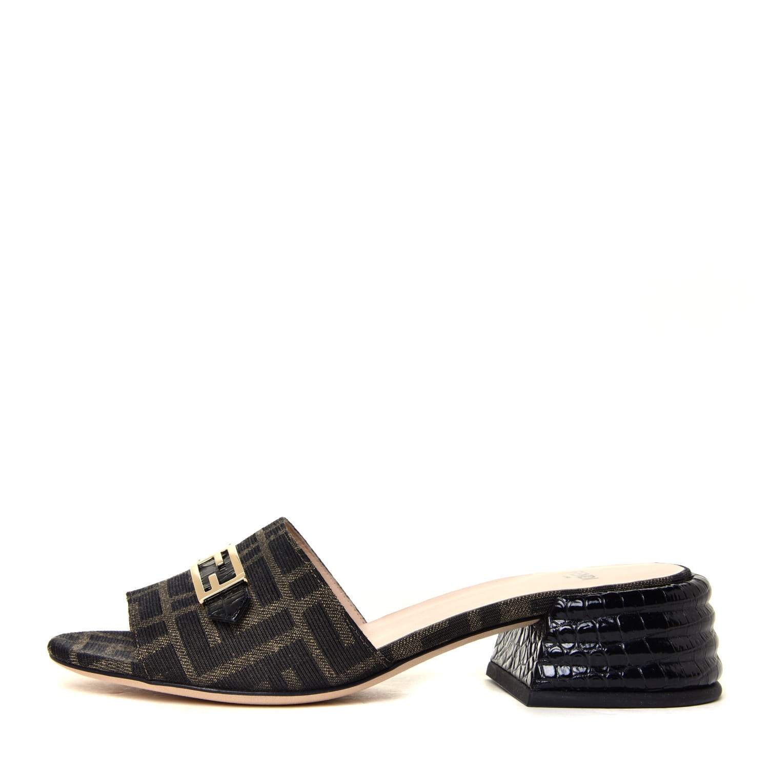 Fendi Jacquard Calfskin FF Crocodile Embossed Promenade Slide Sandals 36.5 Tobacco Moro Black 2 of 14
