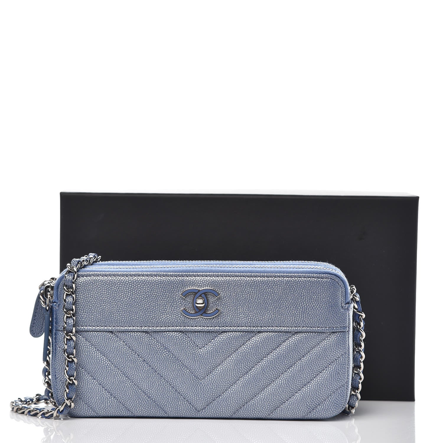 Chanel Metallic Caviar Chevron Quilted Small Vintage Mademoiselle Clutch With Chain Light Blue 11 of 11