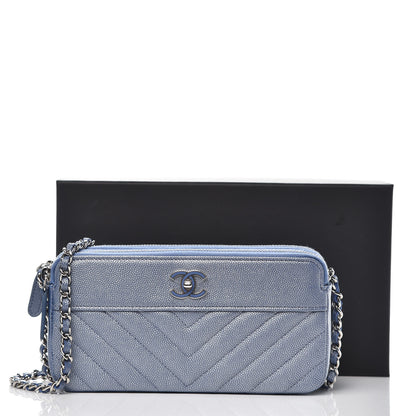 Chanel Metallic Caviar Chevron Quilted Small Vintage Mademoiselle Clutch With Chain Light Blue 11 of 11