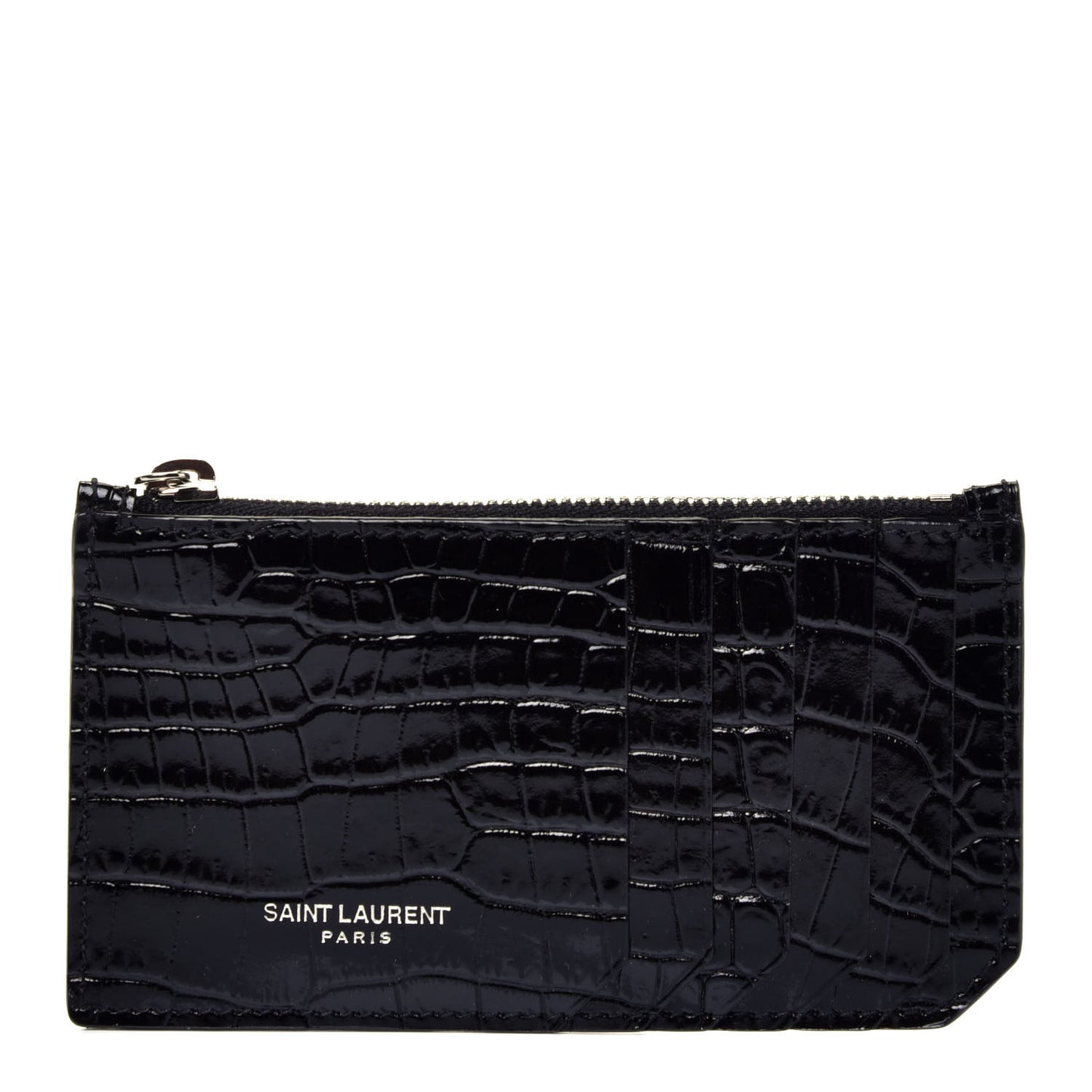 Calfskin Crocodile Embossed 5 Fragments Zip Pouch Card Holder Black