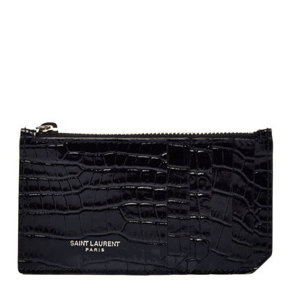Saint Laurent Calfskin Crocodile Embossed 5 Fragments Zip Pouch Card Holder Black 1 of 7