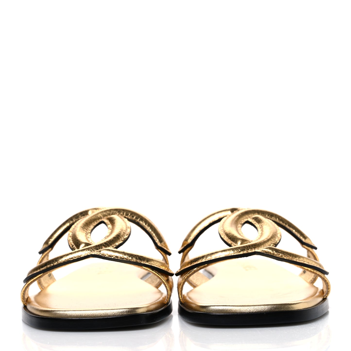 Crackled Laminated Calfskin CC Cut Out Mules Sandals 37.5 Gold