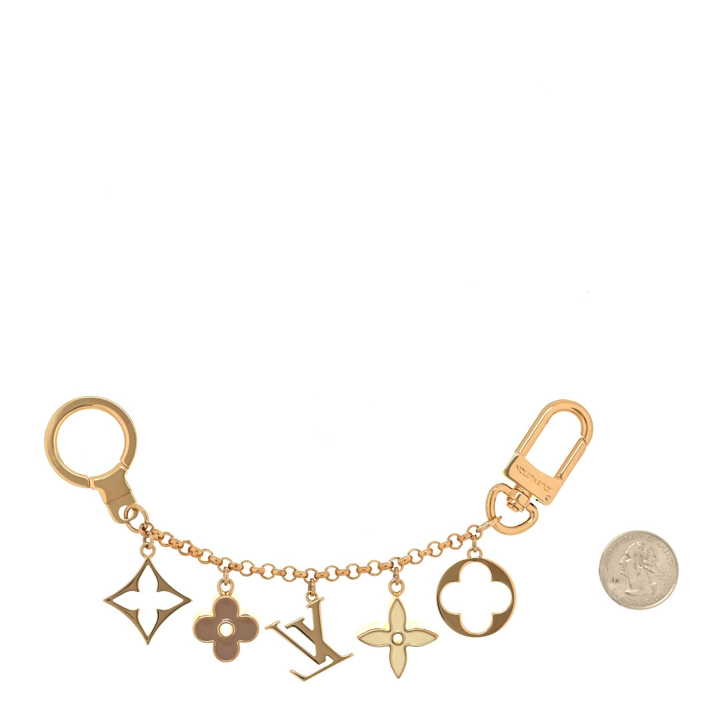 Brass Enamel Fleur De Monogram Bag Charm Chain Gold