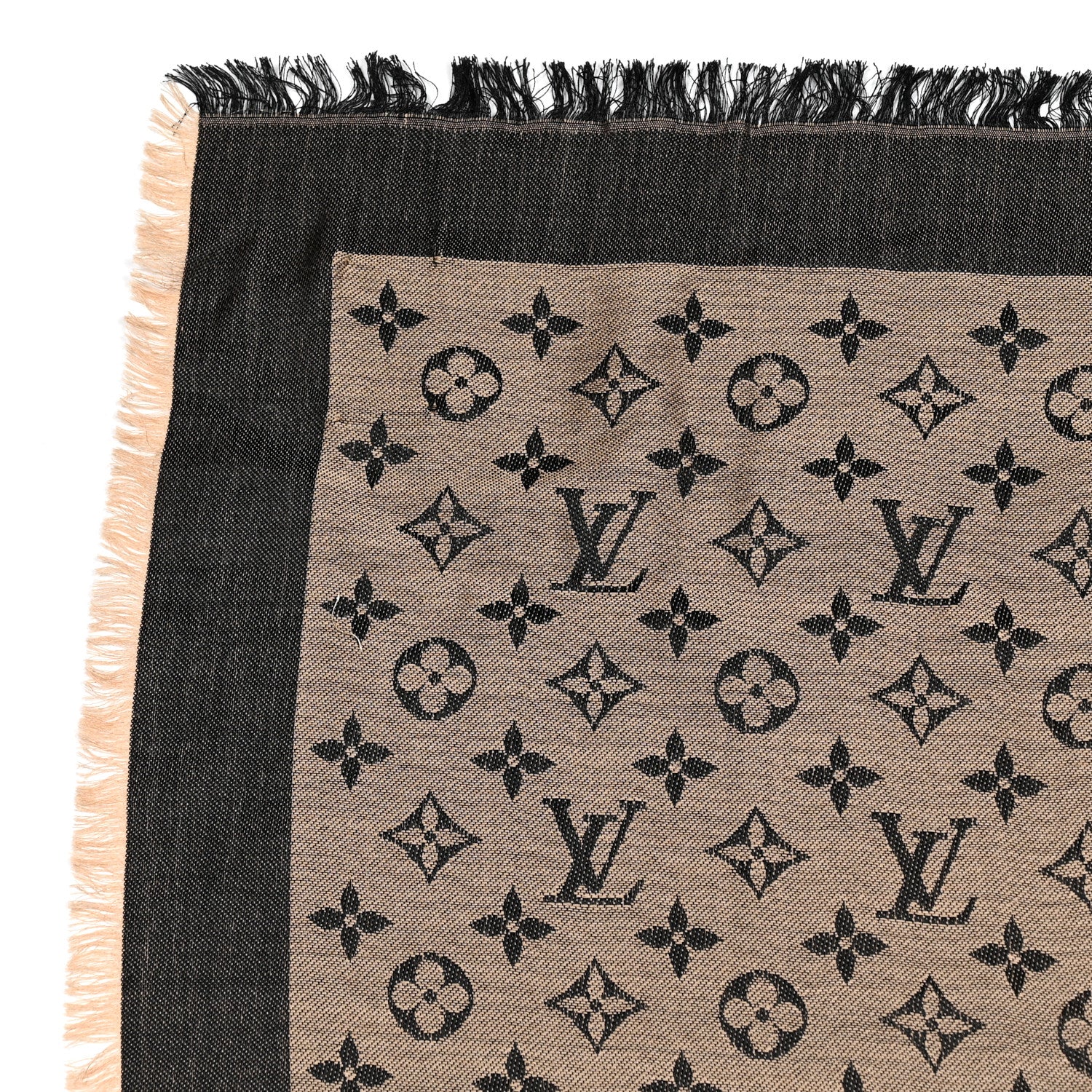 Louis Vuitton Wool Silk Monogram Denim Shawl Beige Black 7 of 7