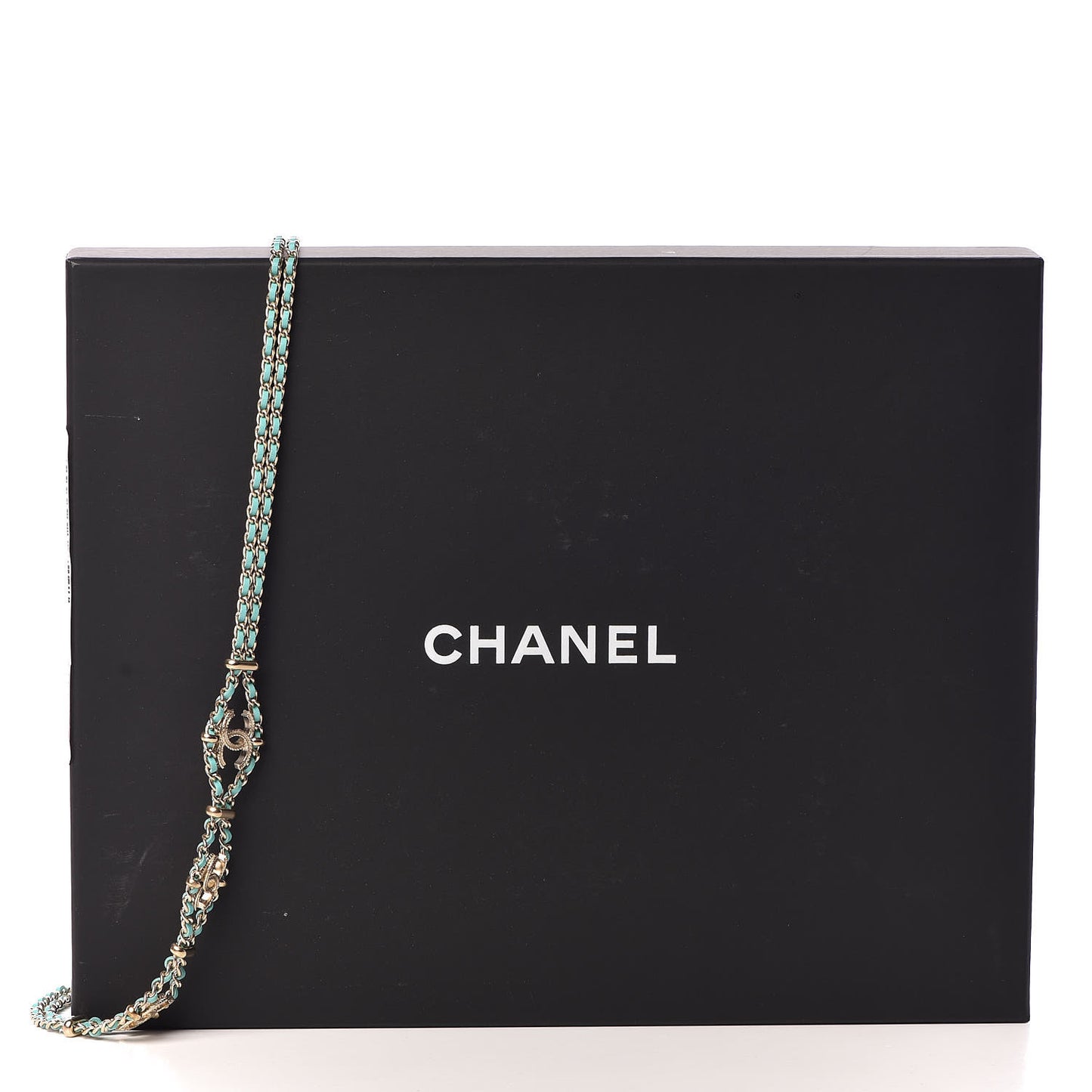 Metal Lambskin CC Chain Link Necklace Gold Turquoise