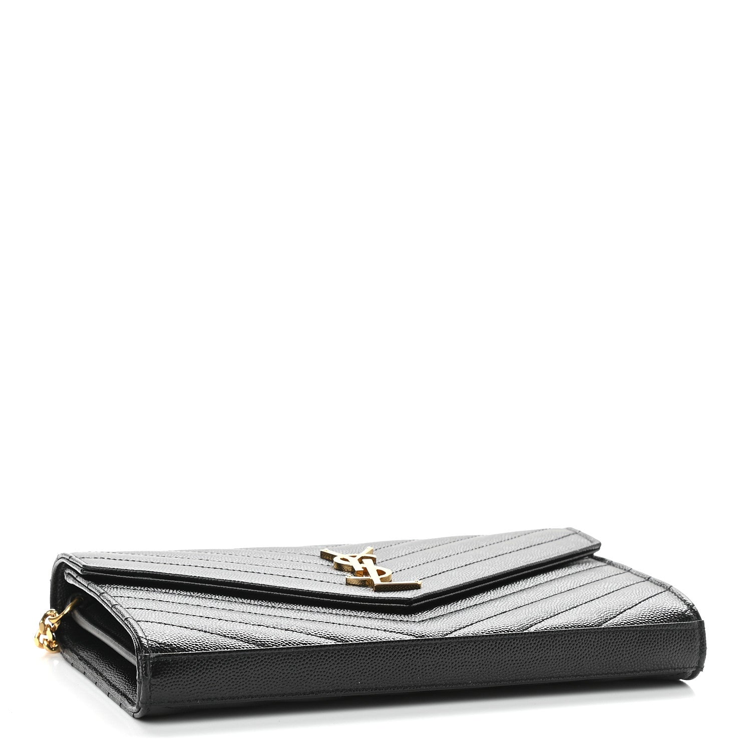 Saint Laurent Grain De Poudre Matelasse Chevron Monogram Chain Wallet Black 4 of 8