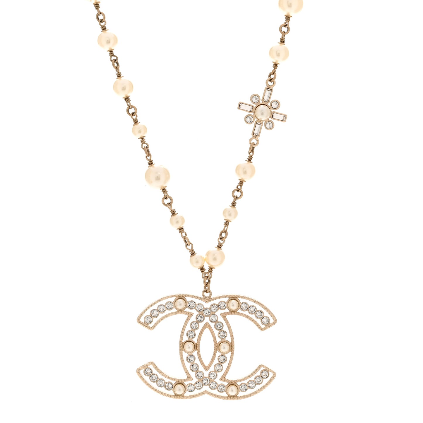 Pearl Crystal Chain CC Necklace Gold White