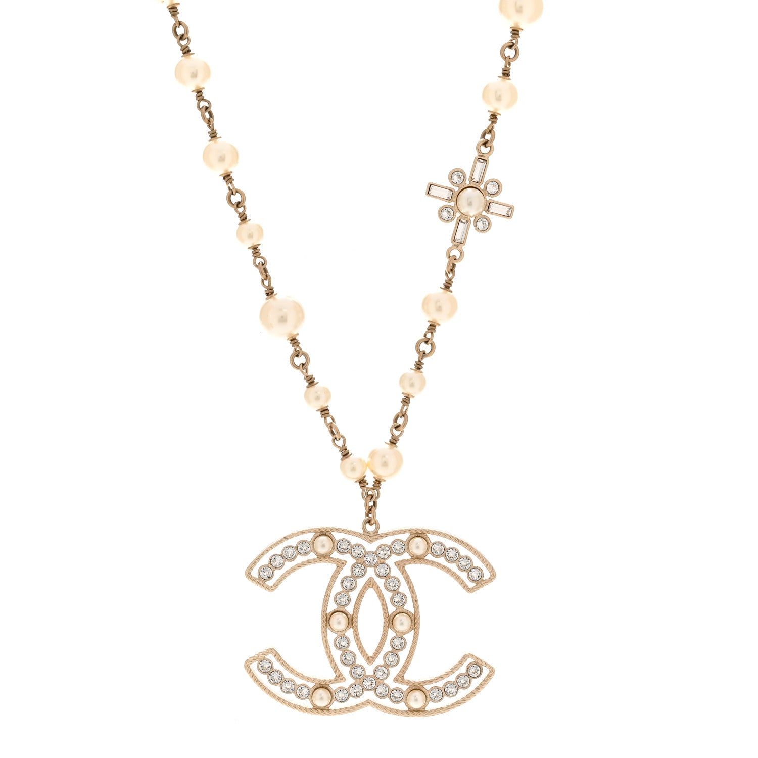 Chanel Pearl Crystal Chain CC Necklace Gold White 1 of 7
