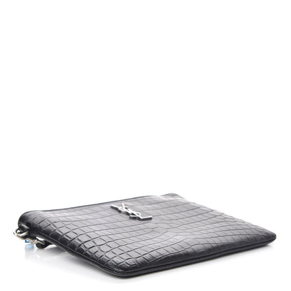 Saint Laurent Calfskin Crocodile Embossed Monogram Zip Pouch Black 4 of 8
