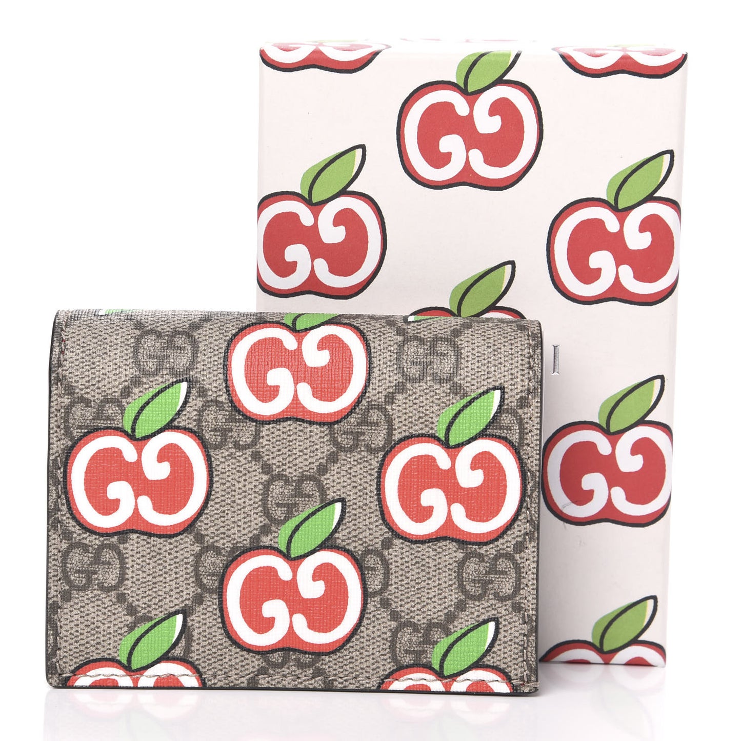 GG Supreme Monogram Apple Card Case Wallet Beige Multicolor Lobster Red