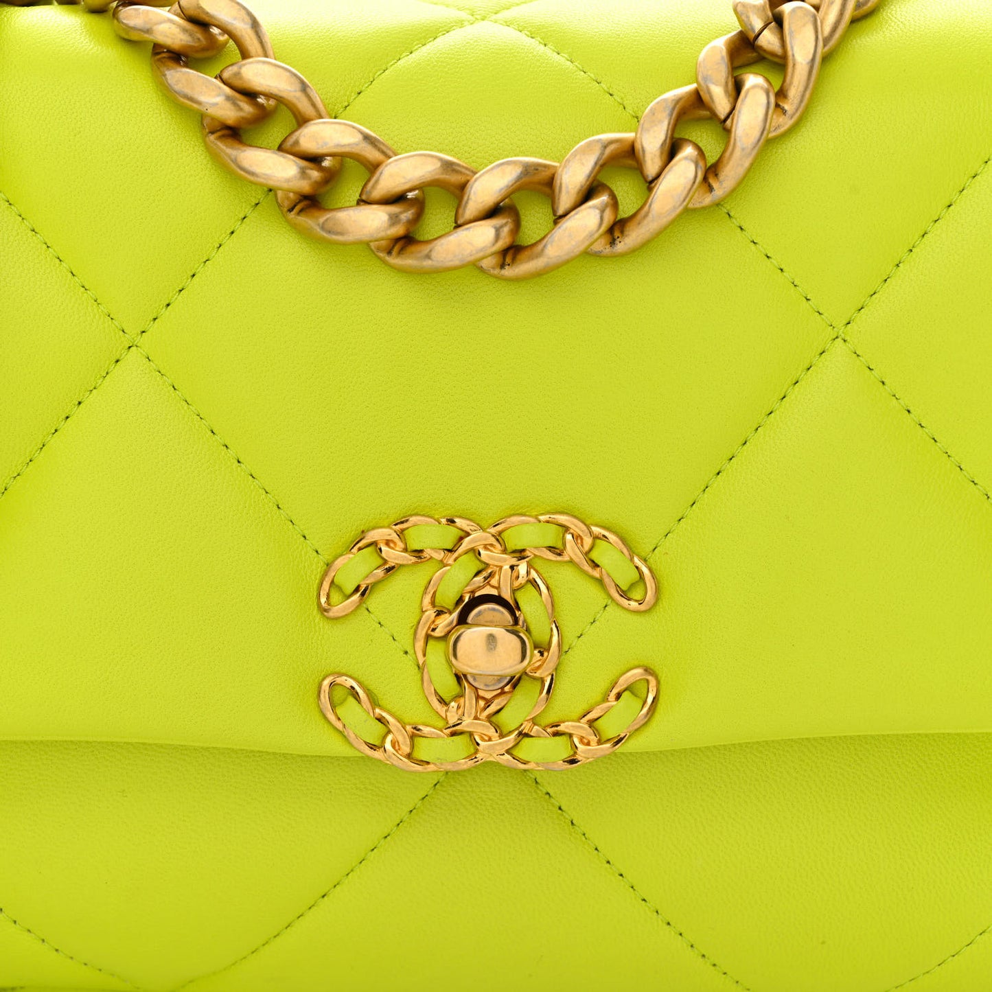 Shiny Lambskin Quilted Medium Chanel 19 Flap Neon Yellow