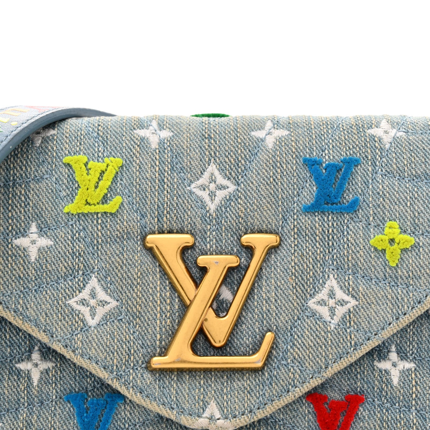 Embroidered Monogram Denim New Wave Chain Pochette Blue