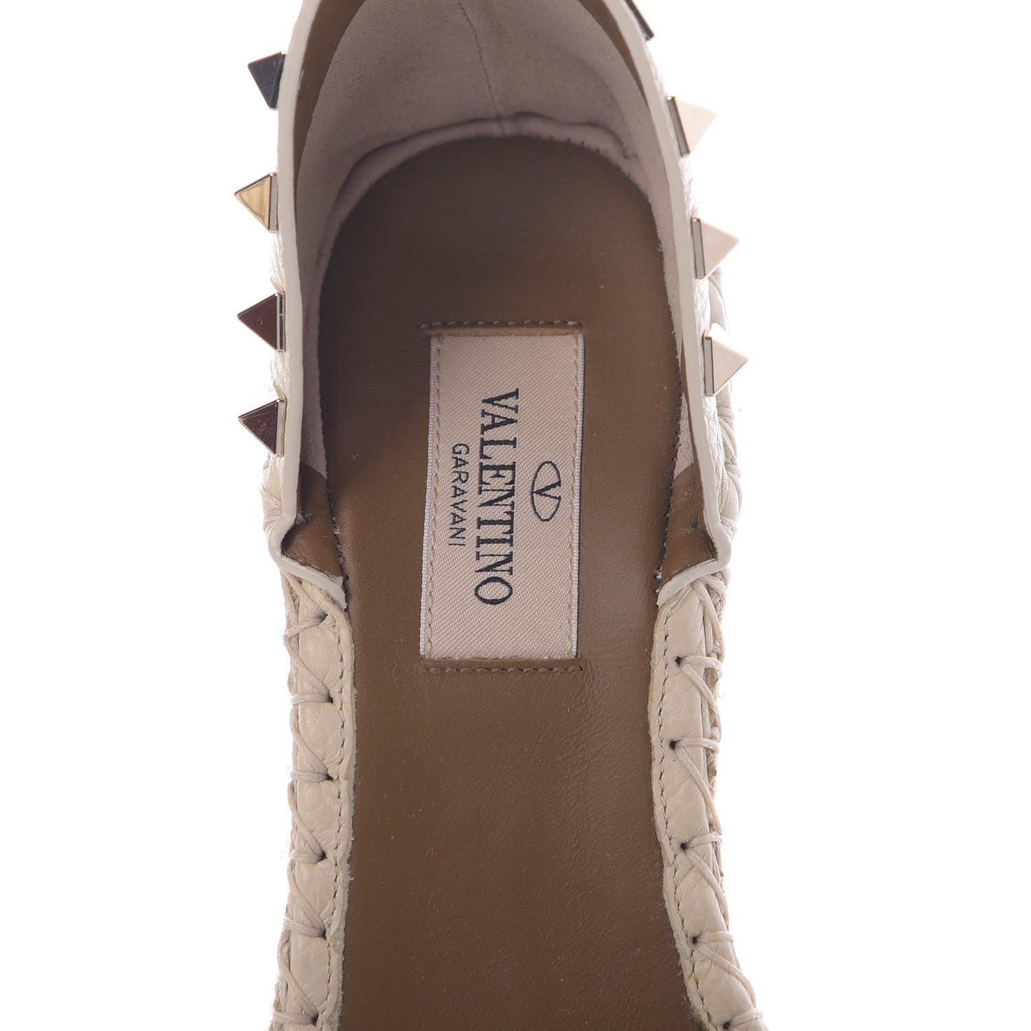 Valentino Garavani Grained Calfskin Rockstud Ankle Strap Espadrille 15/105mm Wedge Sandals 35 Light Ivory Natural 7 of 9