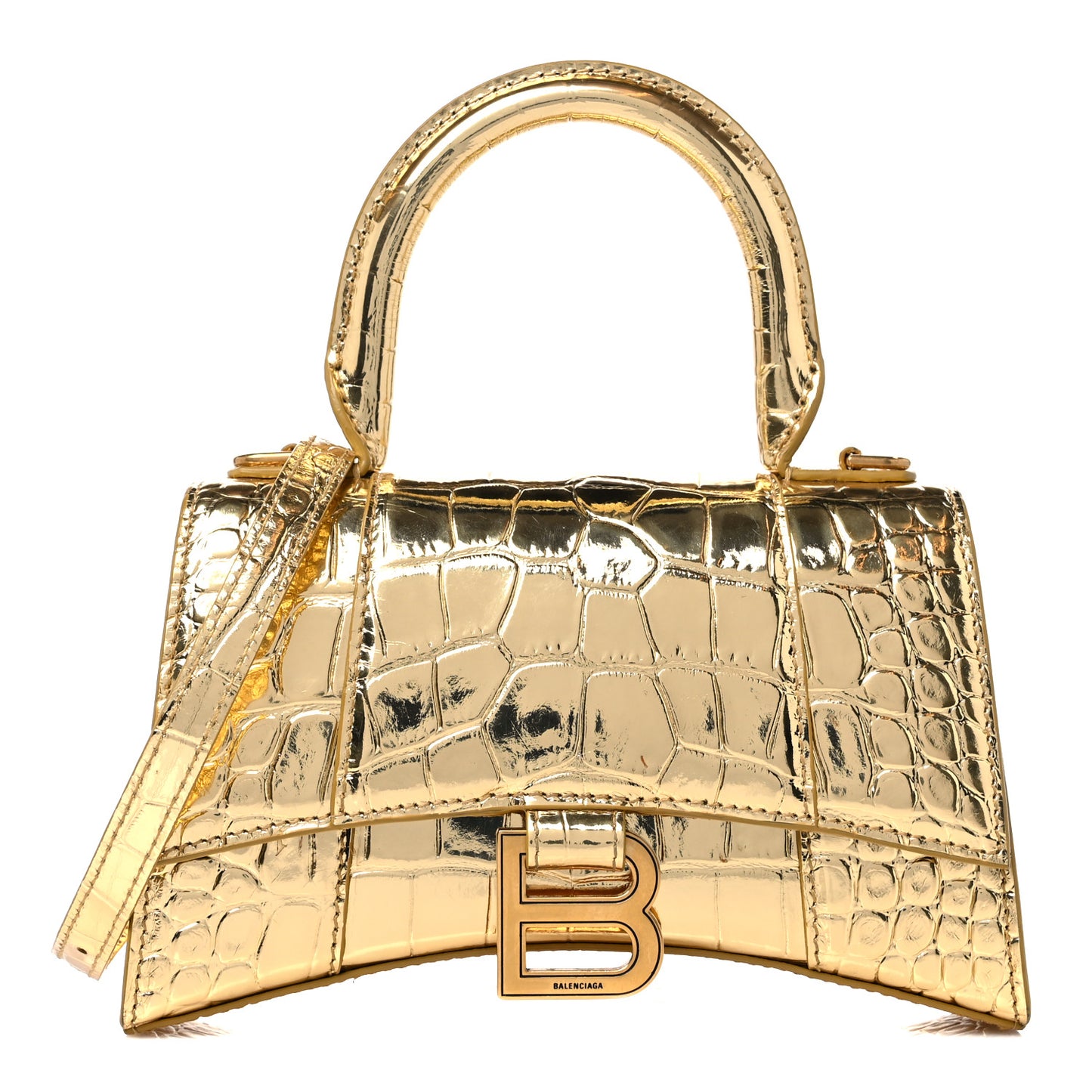 Metallic Calfskin Crocodile Embossed Hourglass Top Handle Bag XS Gold
