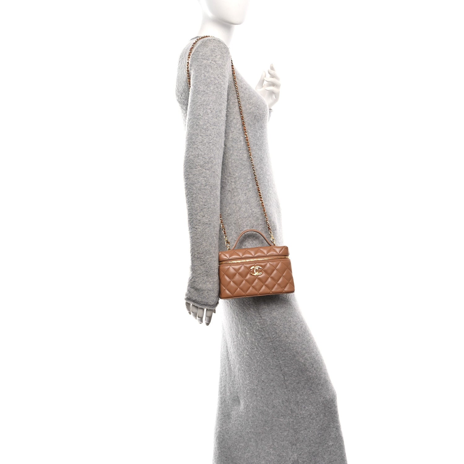 Chanel Lambskin Quilted Crystal Ridged CC Top Handle Slim Vanity Case With Chain Brown 2 of 11