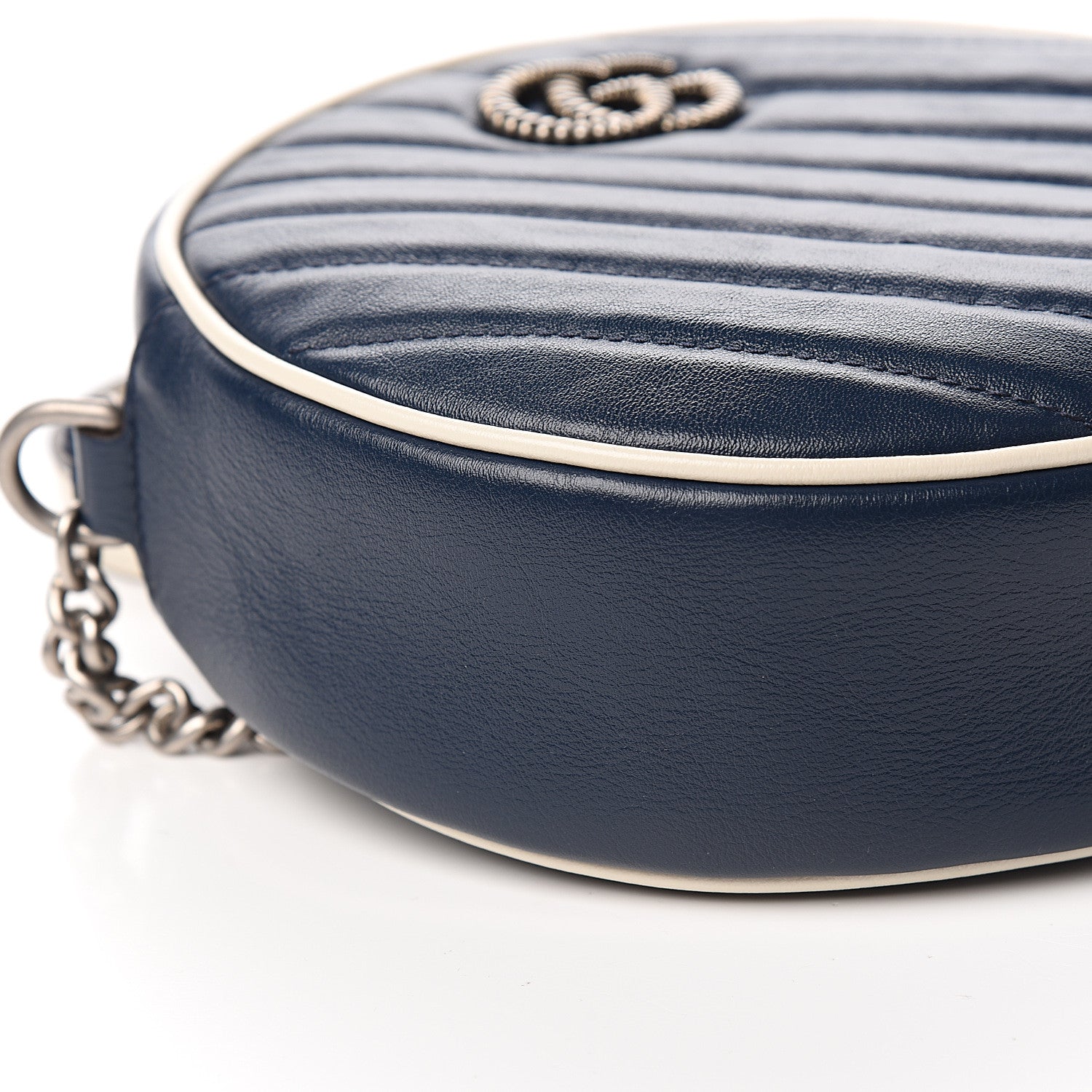 Gucci Azalea Calfskin Matelasse Diagonal Mini Torchon GG Marmont Round Shoulder Bag Blue Agata Mystic White 7 of 9