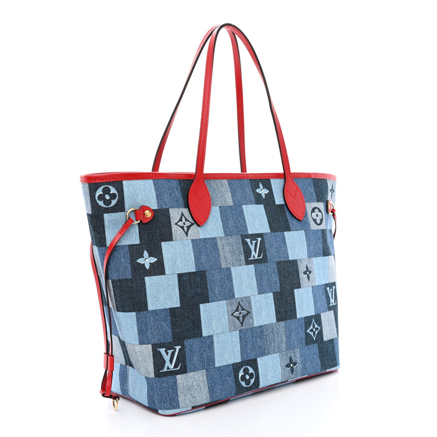 Denim Damier Monogram Patchwork Neverfull Blue Rouge
