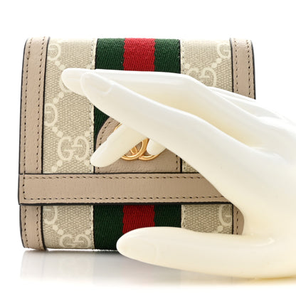 Gucci GG Supreme Monogram Textured Dollar Calfskin Web Ophidia Card Case Wallet Beige Mystic White Oatmeal 2 of 9