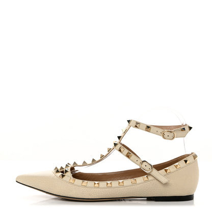 Valentino Garavani Pebbled Calfskin Rockstud Cage Ballerina Flats 40.5 Light Ivory 1 of 10