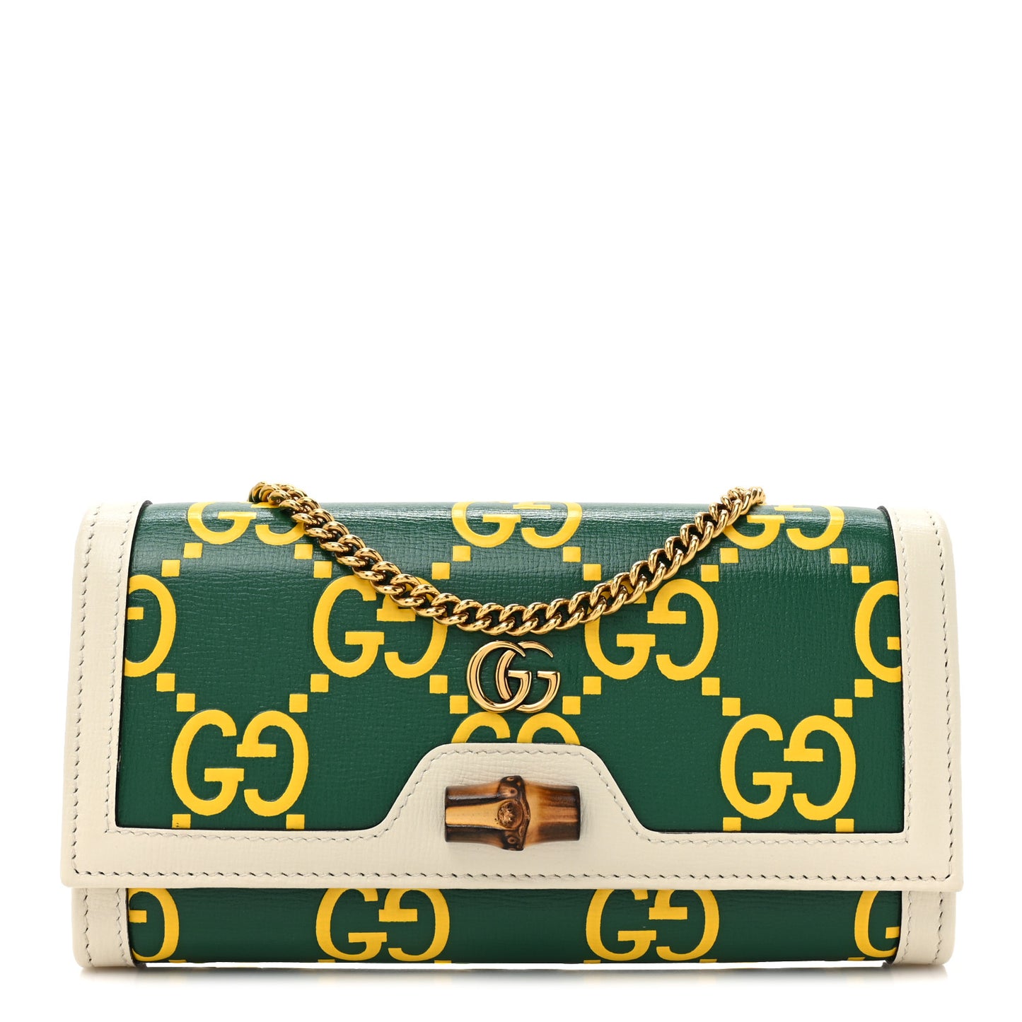 Azalea Calfskin GG Monogram Bi-Color Debossed Diana Chain Wallet Emerald Stone Topaz Mystic White