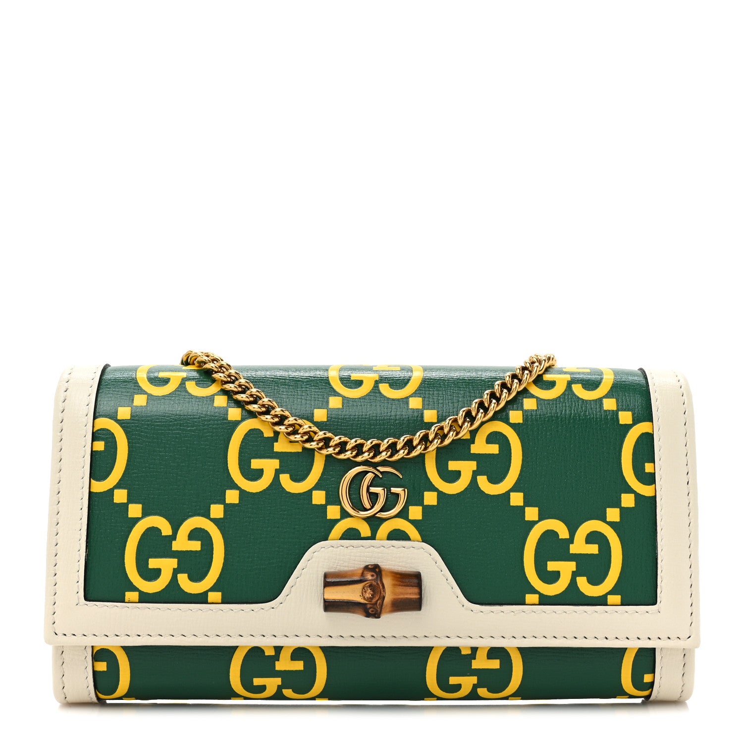 Gucci Azalea Calfskin GG Monogram Bi-Color Debossed Diana Chain Wallet Emerald Stone Topaz Mystic White 1 of 13