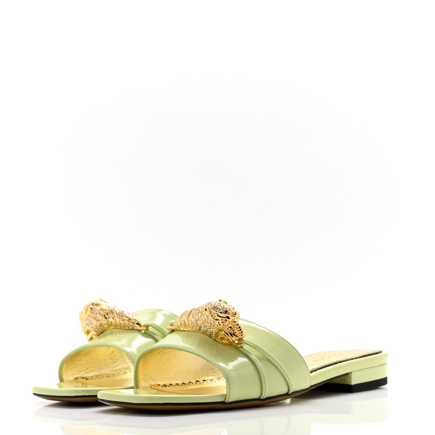 Gucci Patent Crystal Snake Head Block Heel Slide Sandals 35.5 Pistachio Green 3 of 9