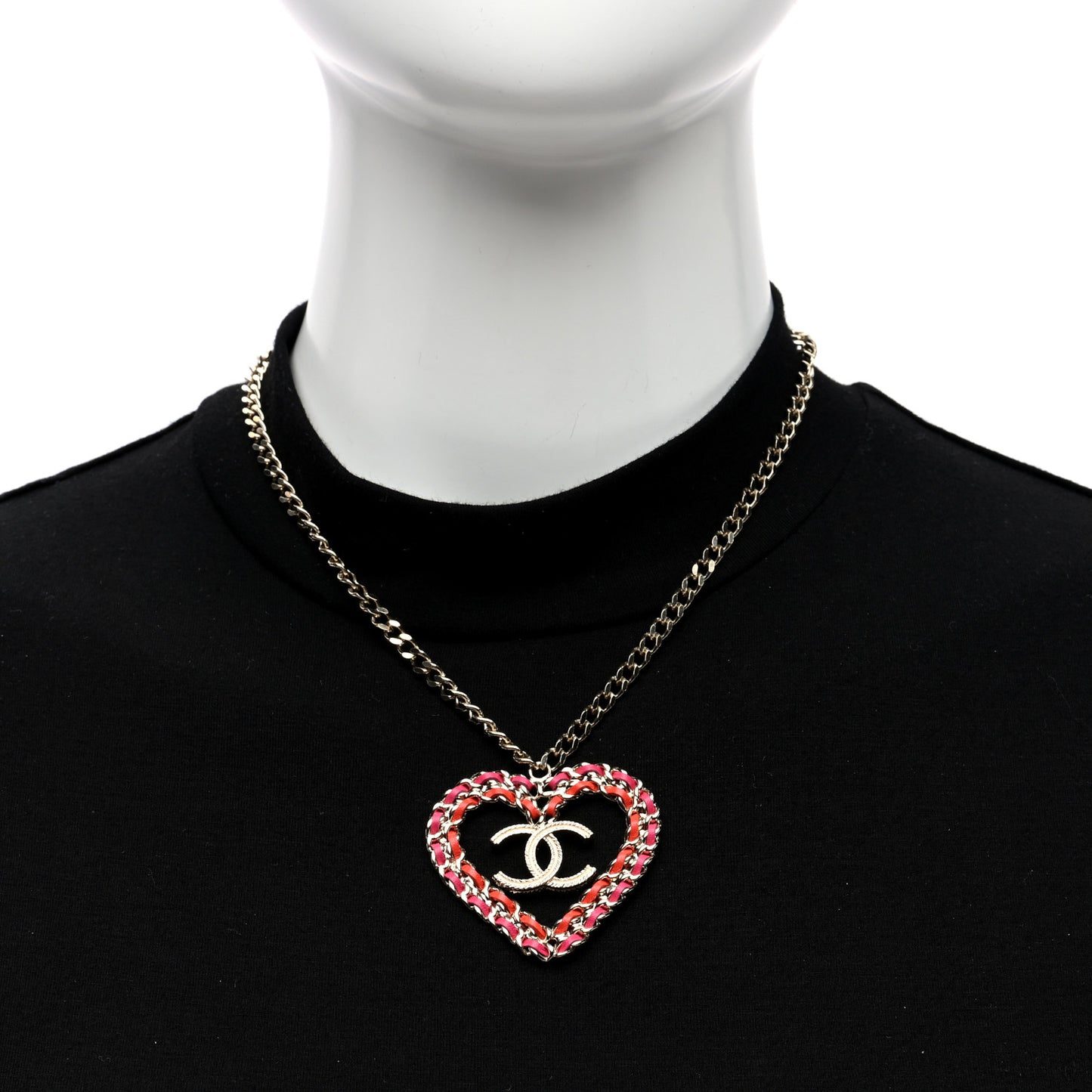 Metal Lambskin Chain CC Heart Necklace Pink Red Gold