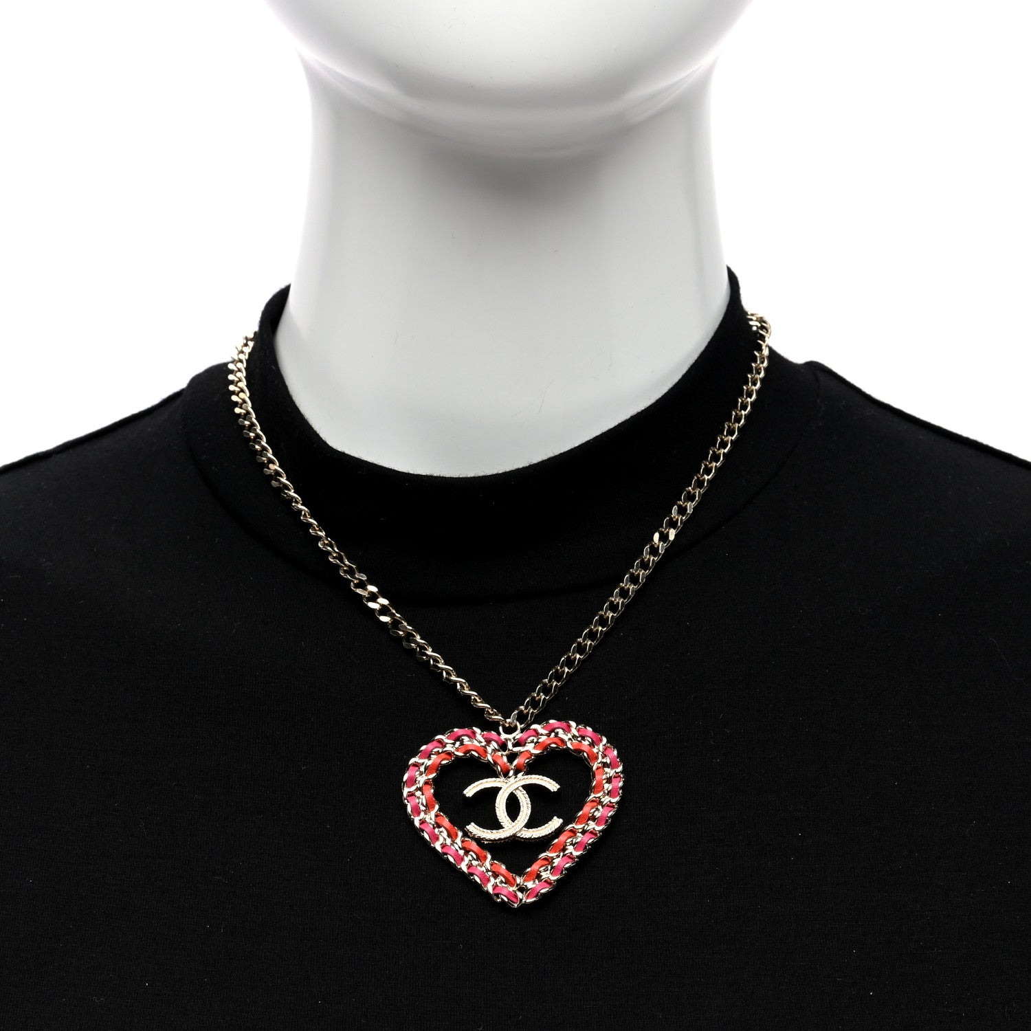Chanel Metal Lambskin Chain CC Heart Necklace Pink Red Gold 2 of 4