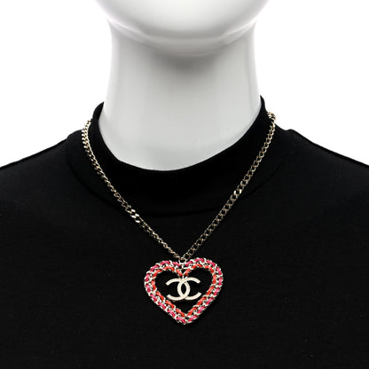 Chanel Metal Lambskin Chain CC Heart Necklace Pink Red Gold 2 of 4