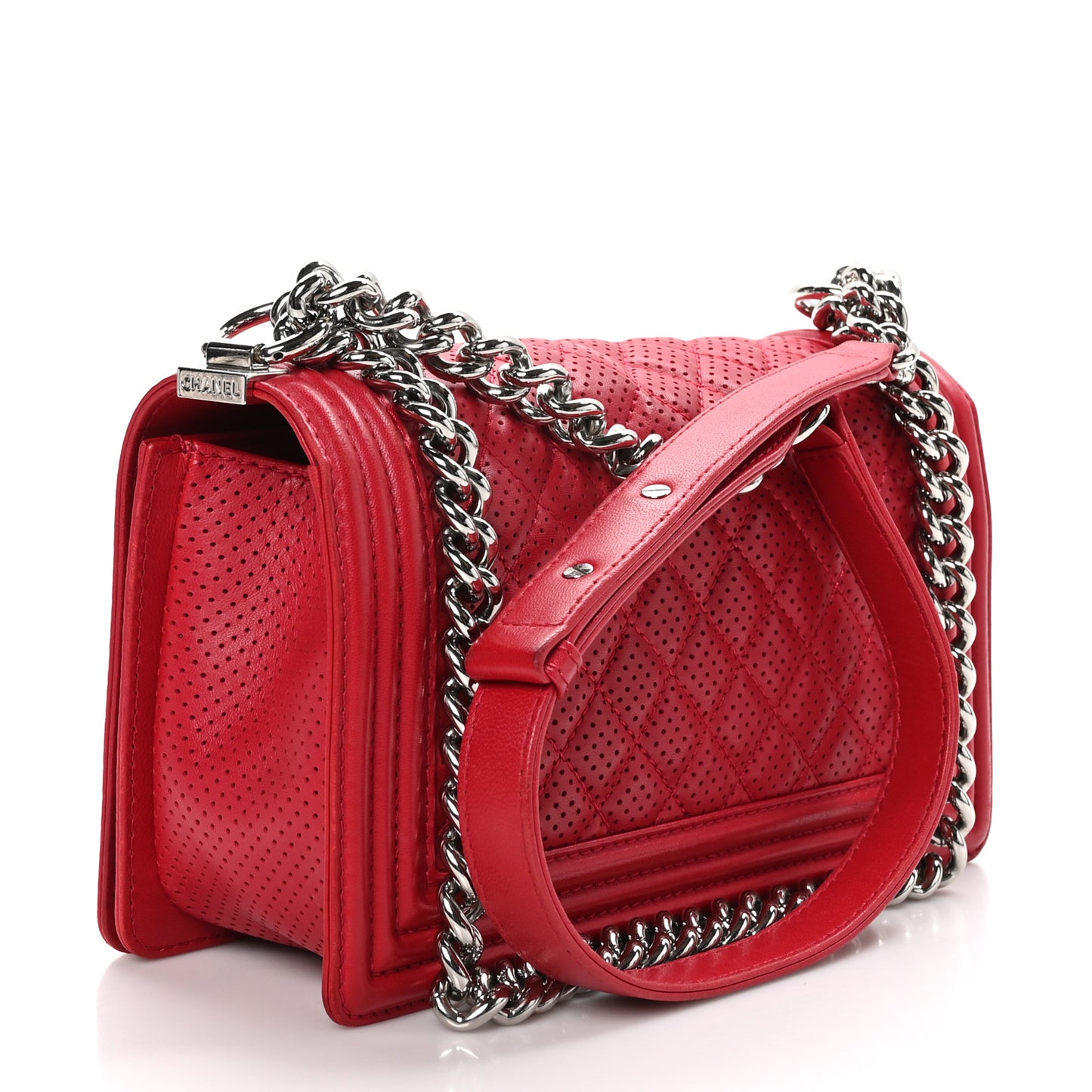 Perforated Lambskin Quilted Medium Boy Flap Red