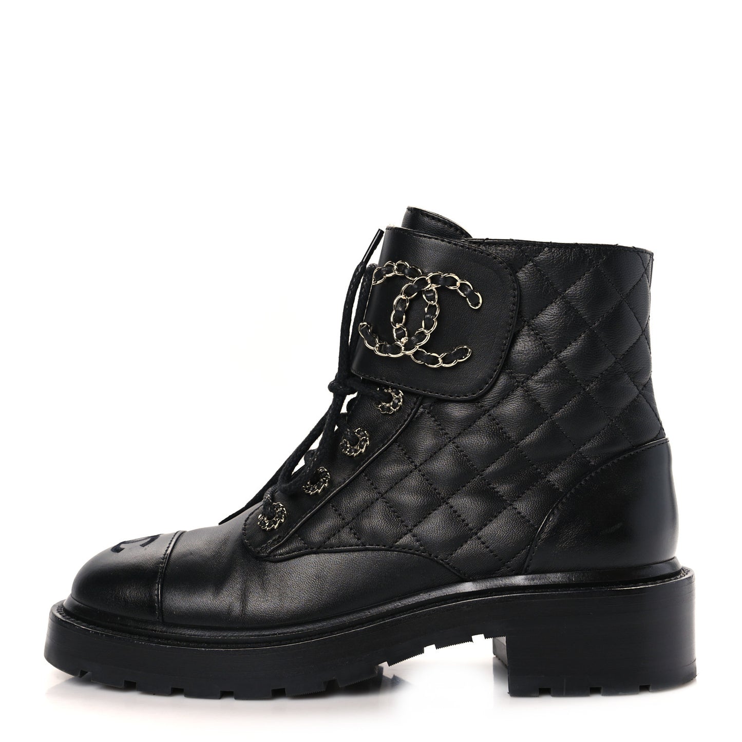 Shiny Calfskin Quilted Lace Up Combat Boots 38 Black
