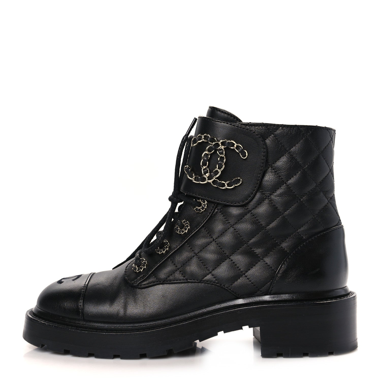 Chanel Shiny Calfskin Quilted Lace Up Combat Boots 38 Black 1 of 8